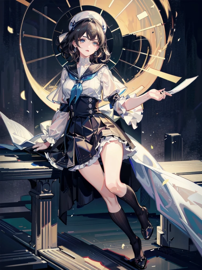 absurdres, RAW photo, extremely delicate and beautiful, masterpiece, Best Quality, ultra high resolution, 32k, hyperrealistic, ultra-detailed, detailed description, pale skin, 20 years old, delicate facial features, detailed beautiful face and eyes, tearful mole, earring, Colossal tits, short medium hair, wavy hair, full body shot, sailor uniform,