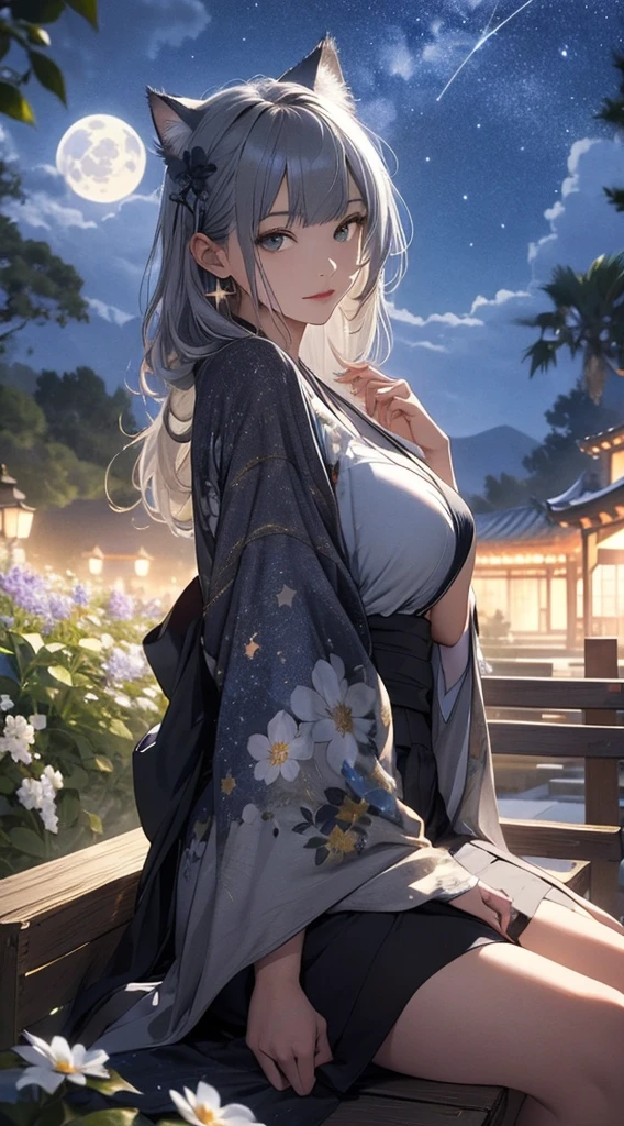 masterpiece, high quality, 4K, Beautiful design, silhouette，Gray Hair， 非常に詳細な夜のStarry Sky,Sitting on a bench in a flower field， wonderful, Finer details,  Very knowledgeable woman, Highly detailed solo, 1 female,Cat ear，Big Breasts，kimono，Night view，Starry Sky，full moon，