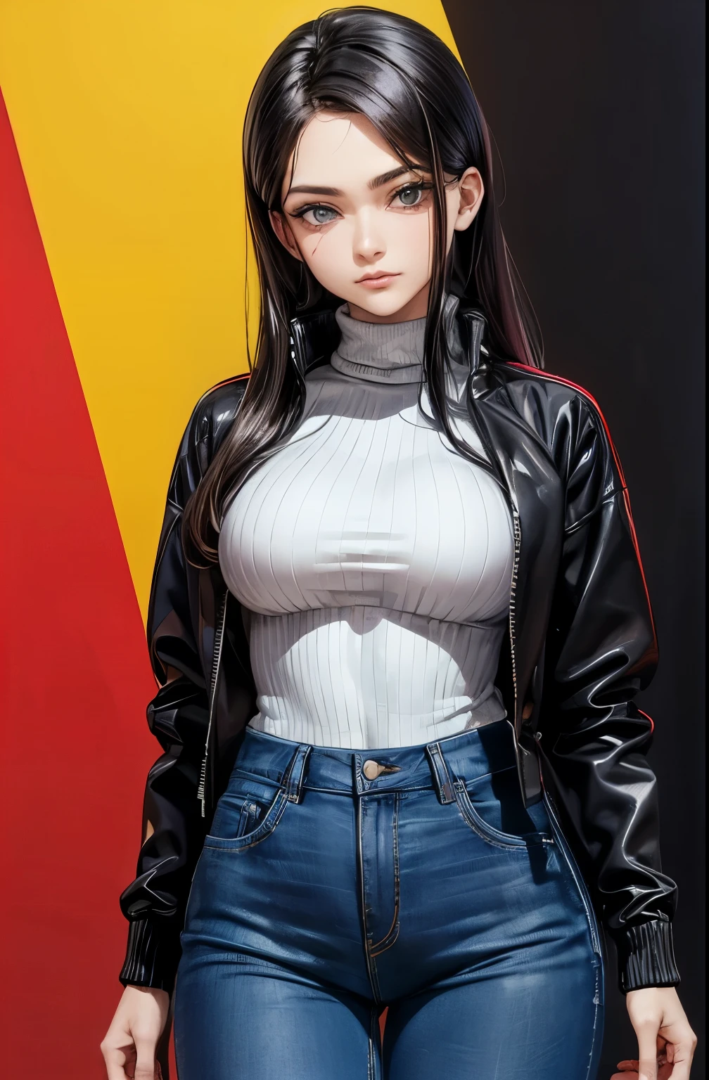 ((melhor qualidade)), ((obra de arte)), (detalhado), rosto perfeito mulher magra 17 anos com black jeans and a turtleneck sweater. The jacket was a thin black windbreaker