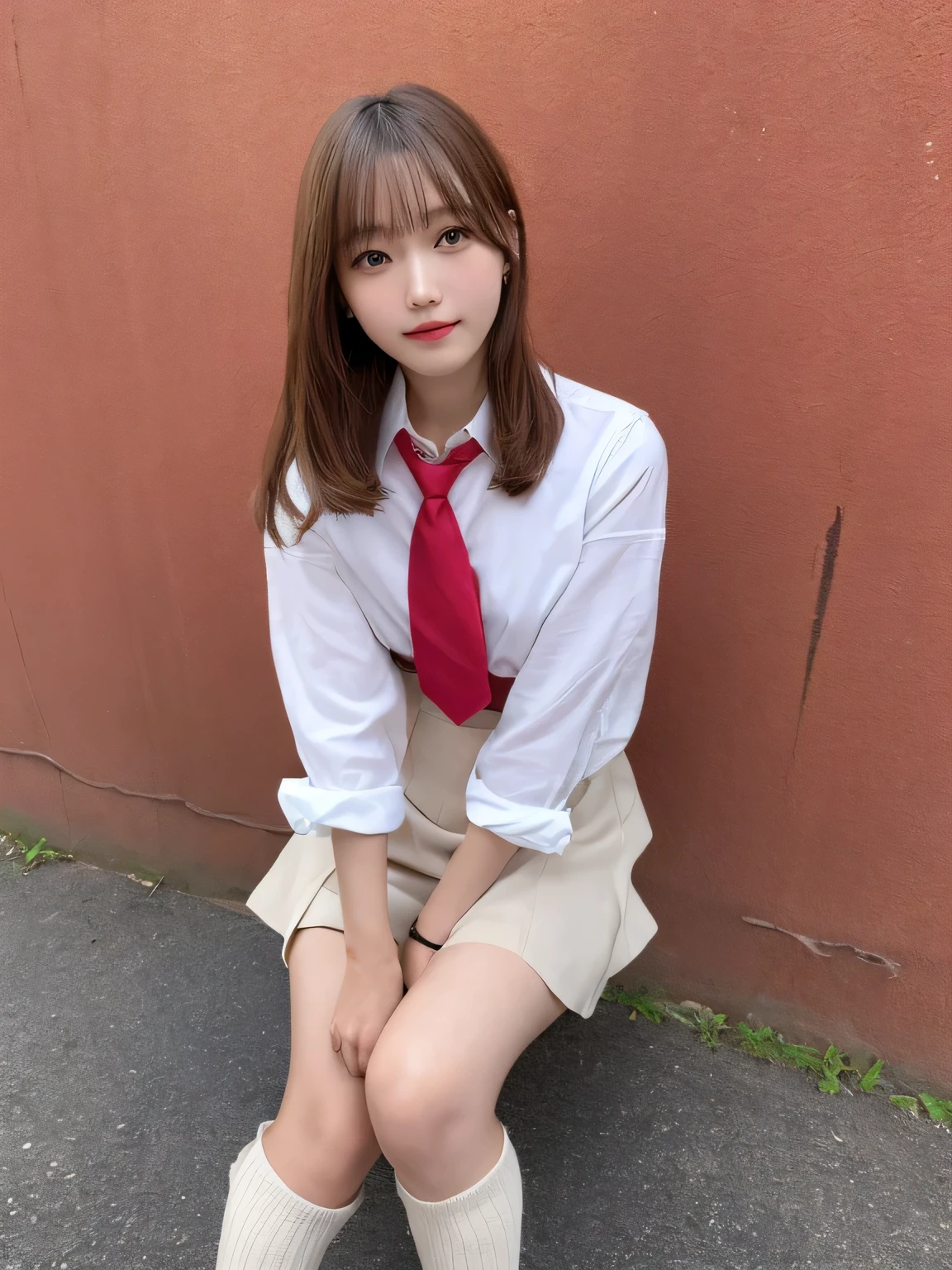 In detail,Full body photo、smile、Blonde Hair、 High resolution, high quality、Perfect dynamic composition, Beautiful fine details, Medium Hair, 、Natural color lip,Kamimei、-yeld gi1 person、Clear Skin、Red tie、White shirt、Red mini skirt、Thighs、Shiny Hair、最high quality, figure, Very detailed, In detail, High resolution, 8k、The correct state of the human body、Sculpture model pose，Pink wall