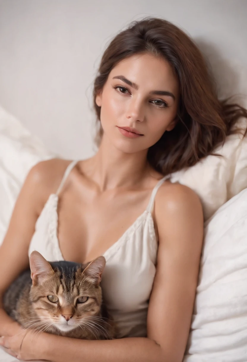 a tan woman dressed in a deep V-neck cami top, sleeping on bed holding a cat on her stomach, 80s style, half-body shot, high-quality photo