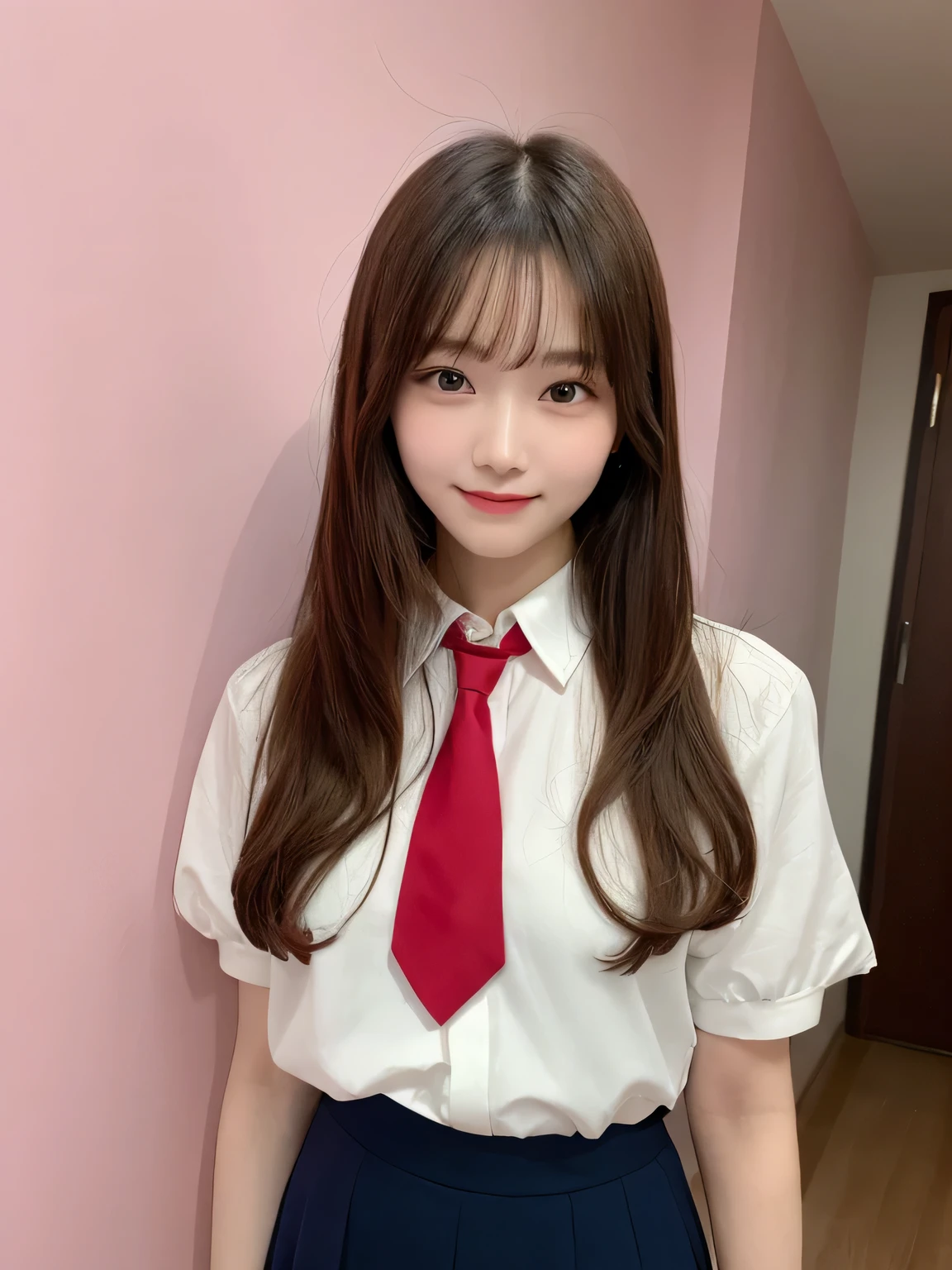 In detail,Full body photo、smile、Blonde Hair、 High resolution, high quality、Perfect dynamic composition, Beautiful fine details, Medium Hair, 、Natural color lip,Kamimei、-yeld gi1 person、Clear Skin、Red tie、White shirt、Red mini skirt、Thighs、Shiny Hair、最high quality, figure, Very detailed, In detail, High resolution, 8k、The correct state of the human body、Sculpture model pose，Pink wall