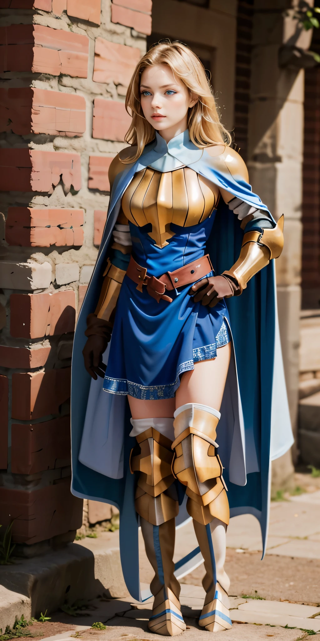 (masterpiece, best quality), 1girl, KnightFFT, long hair, blonde hair, blue eyes, cape, armor, blue dress, belt, gloves, boots