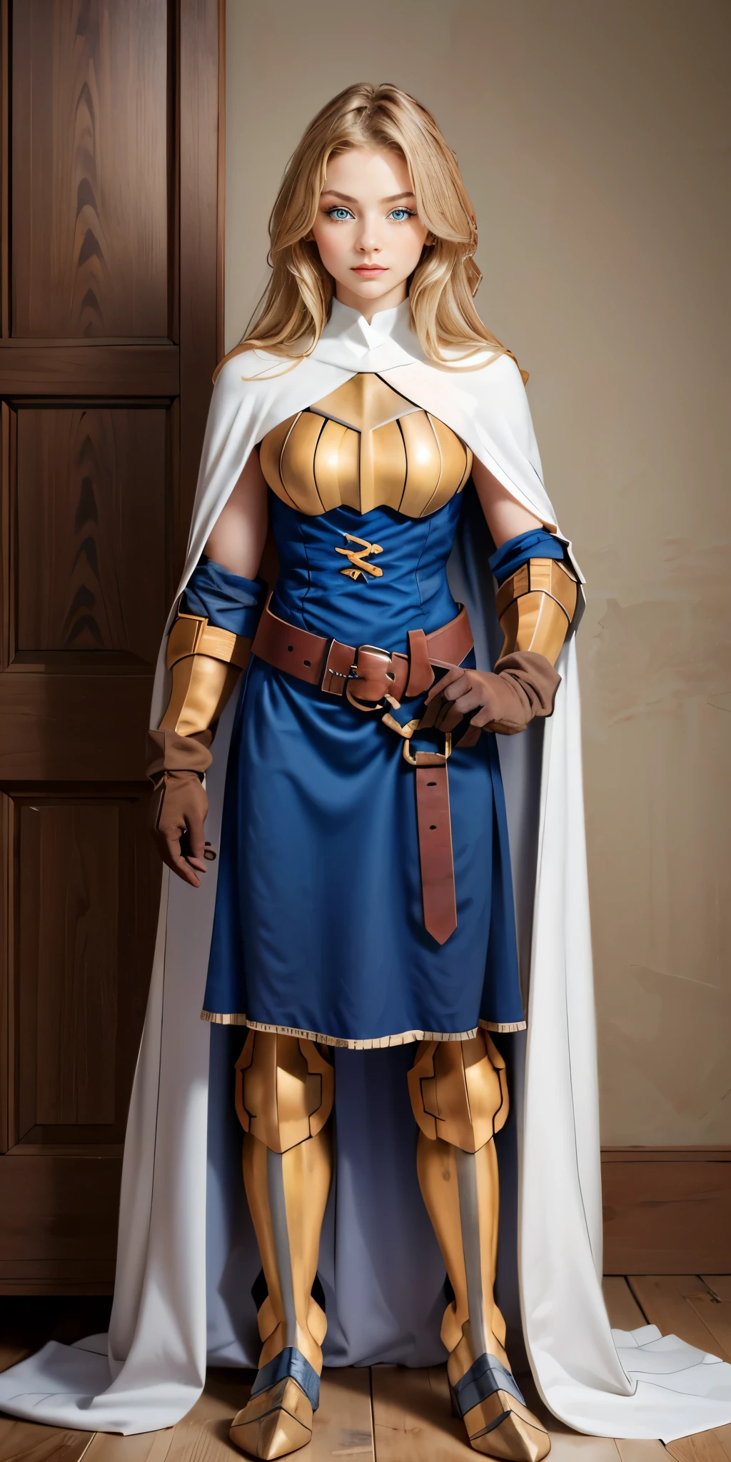 (masterpiece, best quality), 1girl, KnightFFT, long hair, blonde hair, blue eyes, cape, armor, blue dress, belt, gloves, boots