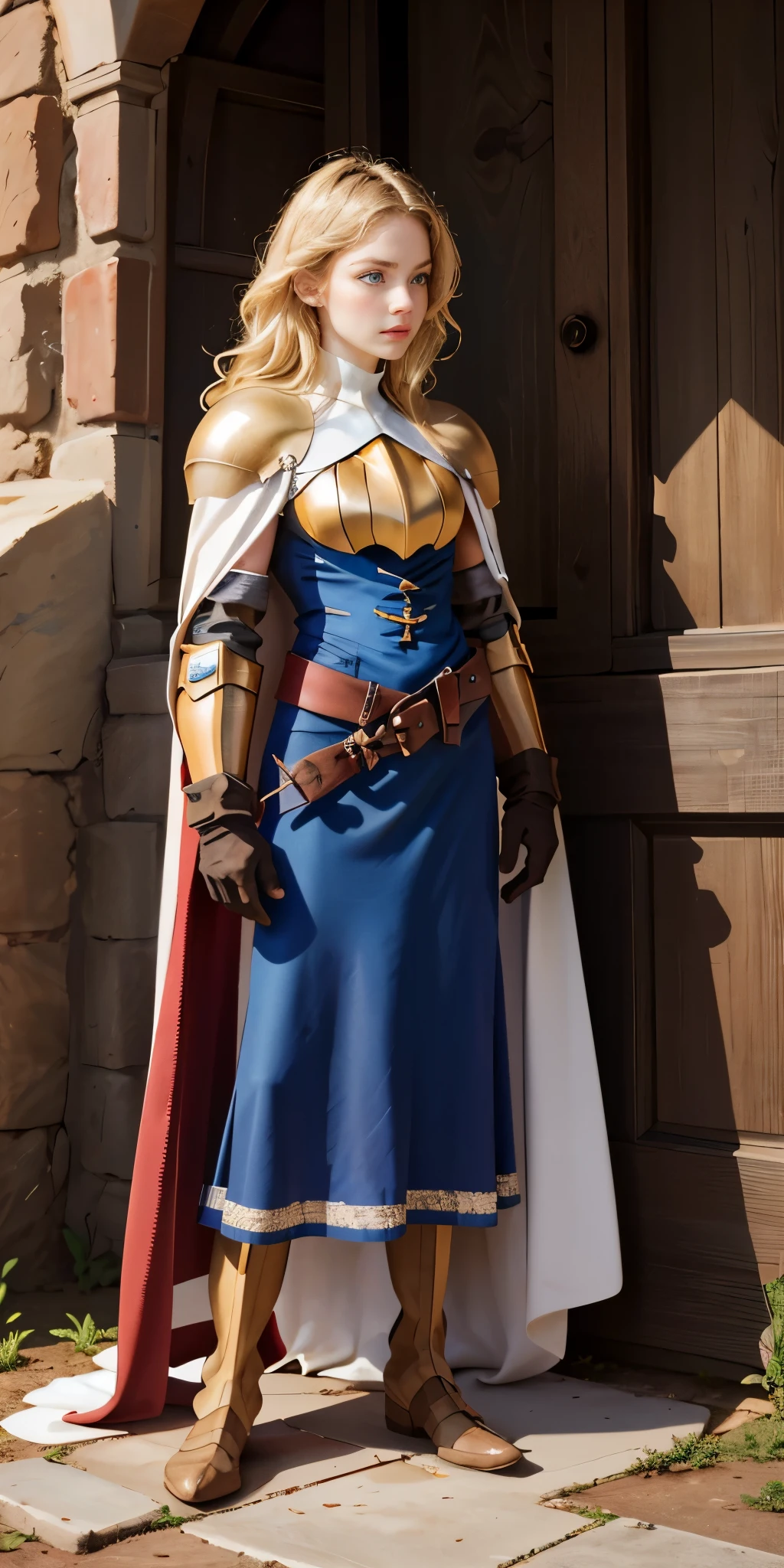 (masterpiece, best quality), 1girl,  KnightFFT, long hair, blonde hair, blue eyes, cape, armor, blue dress, belt, gloves, boots