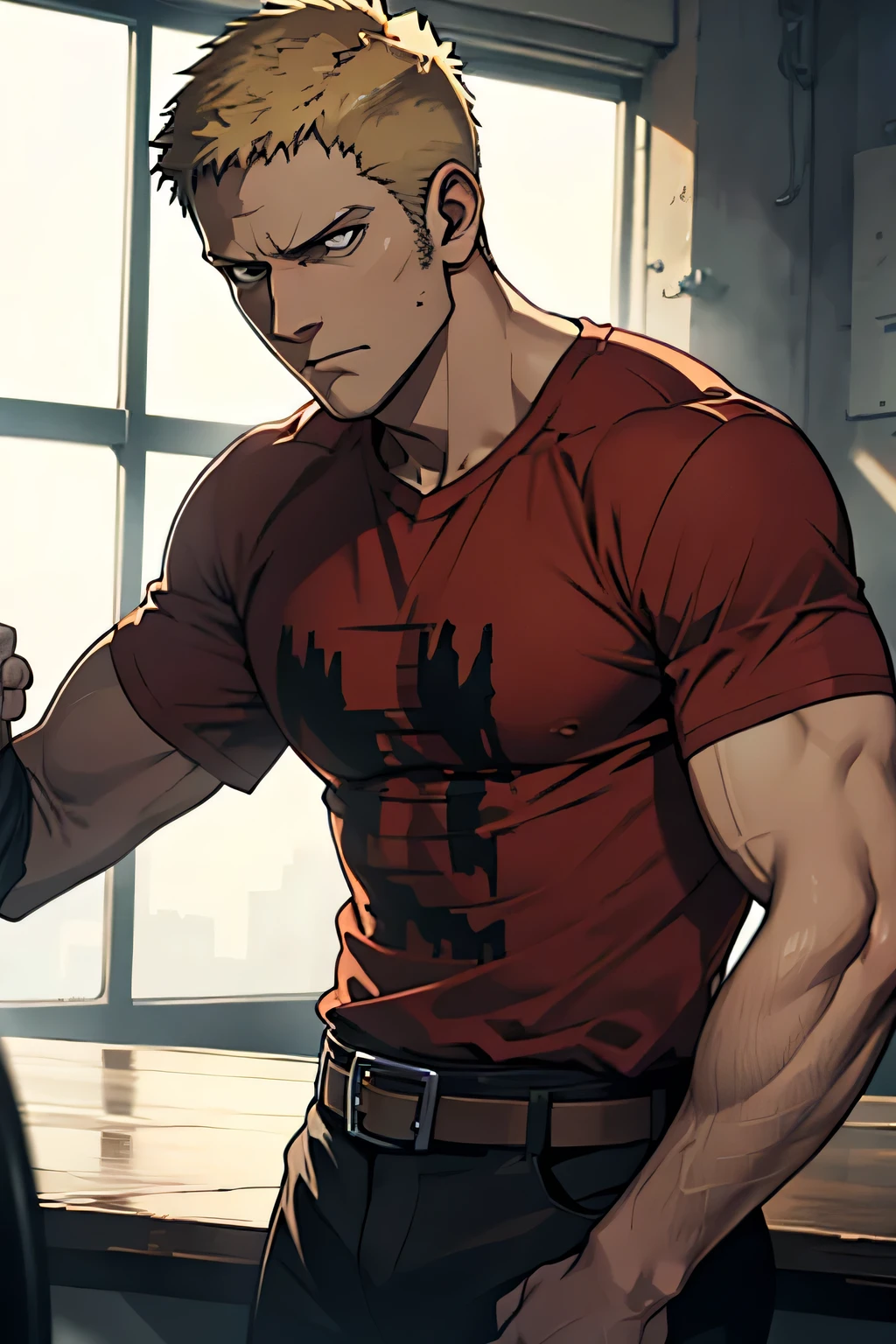 Reiner Braun from Attack on Titan is armwrestling someone. His tshirt is black and has short sleeves.