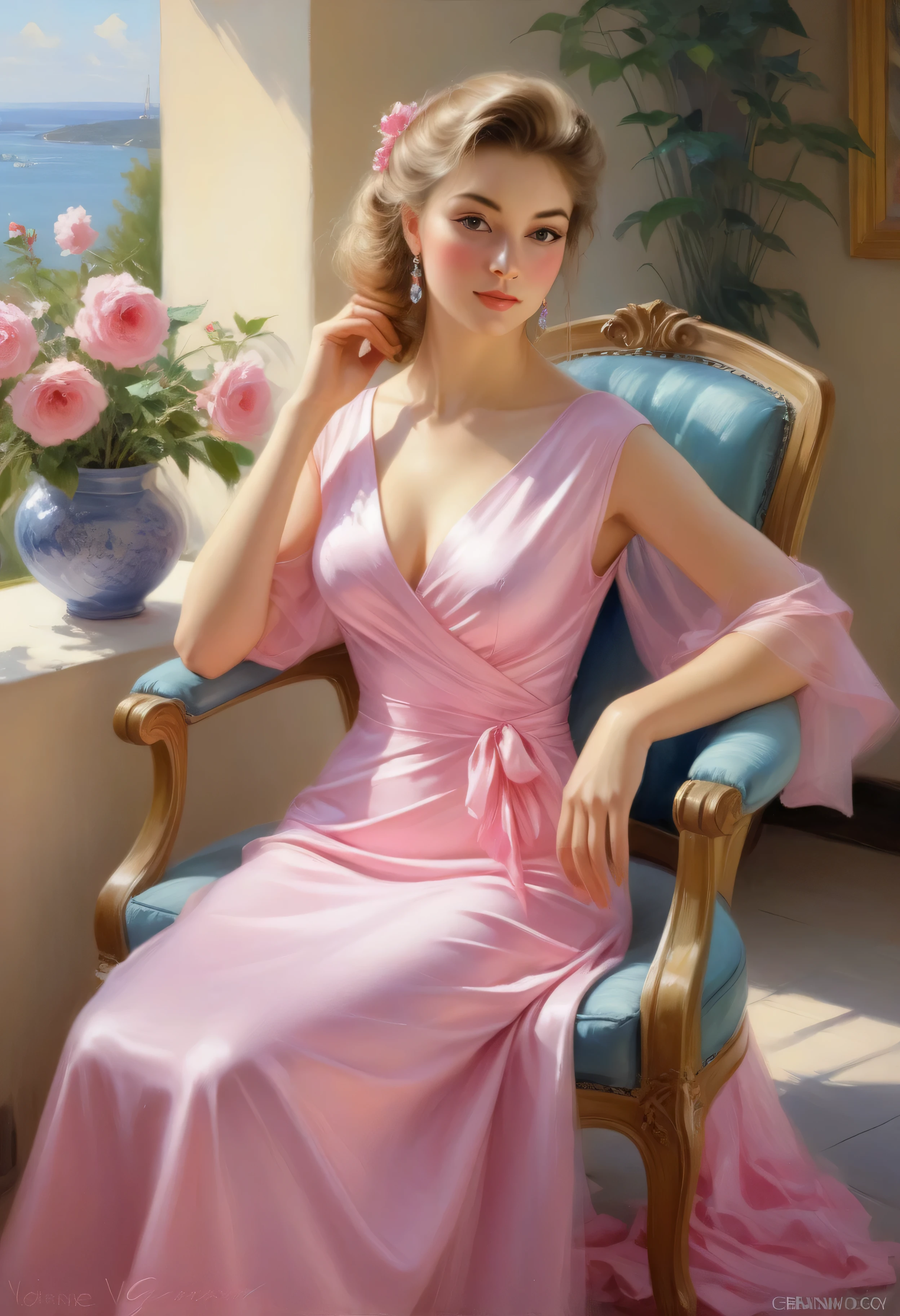 a painting of a woman, sitting in a chair in a pink dress., Danil Gerharts, Volegov, konstantin razumov, ( ( konstantin razumov ) ), summer morning light, Josephine Wall and Pino Daheny, Han Gan, Daniel Gerharts, Chen Chun, vladimir Volegov, Daniel F.. Gerharts