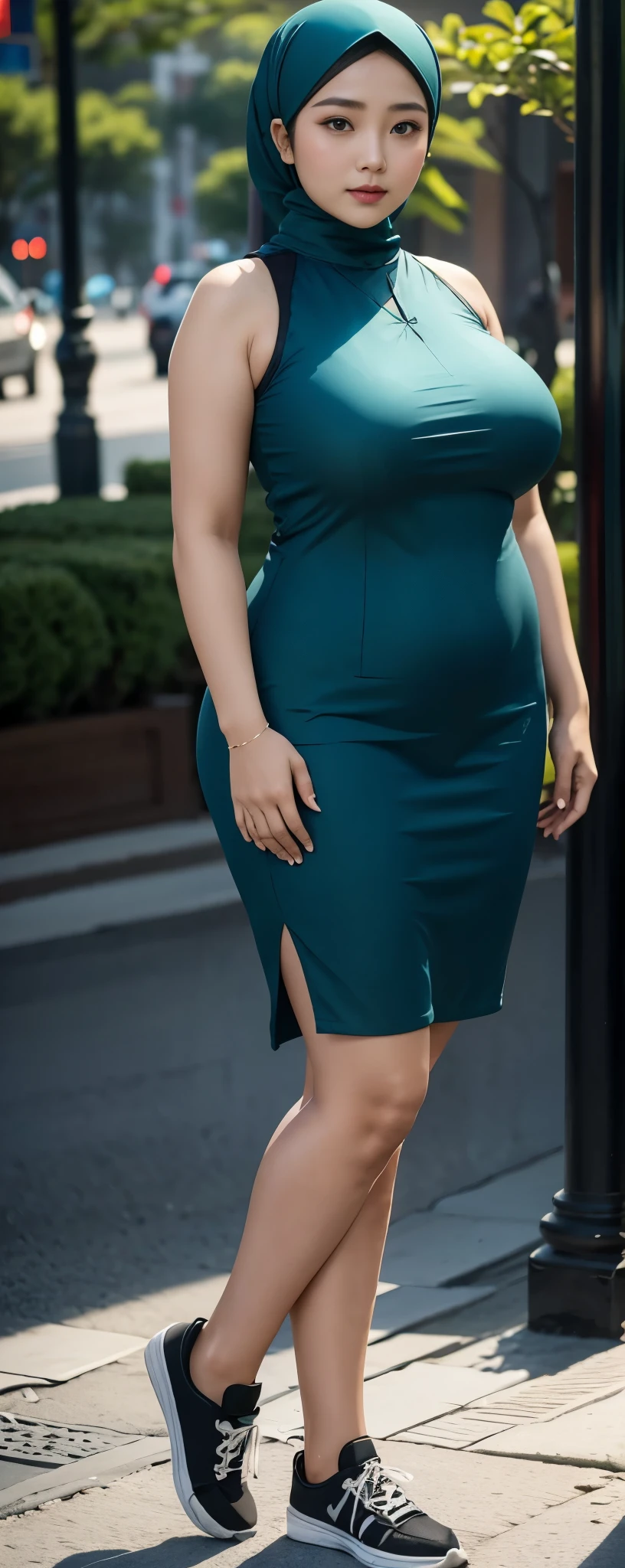 1 chinese-Indonesian girl, modern plain hijab & hot deep neck top , shy, medium portrait, watery eyes, wearing blue dark green kebaya, ((big breasts)), black bokeh background, well-proportioned body,, chubby massive thighs, full body pose, Hena art on the body, hena art on arms, full body view , wearing red sneakers , fat legs