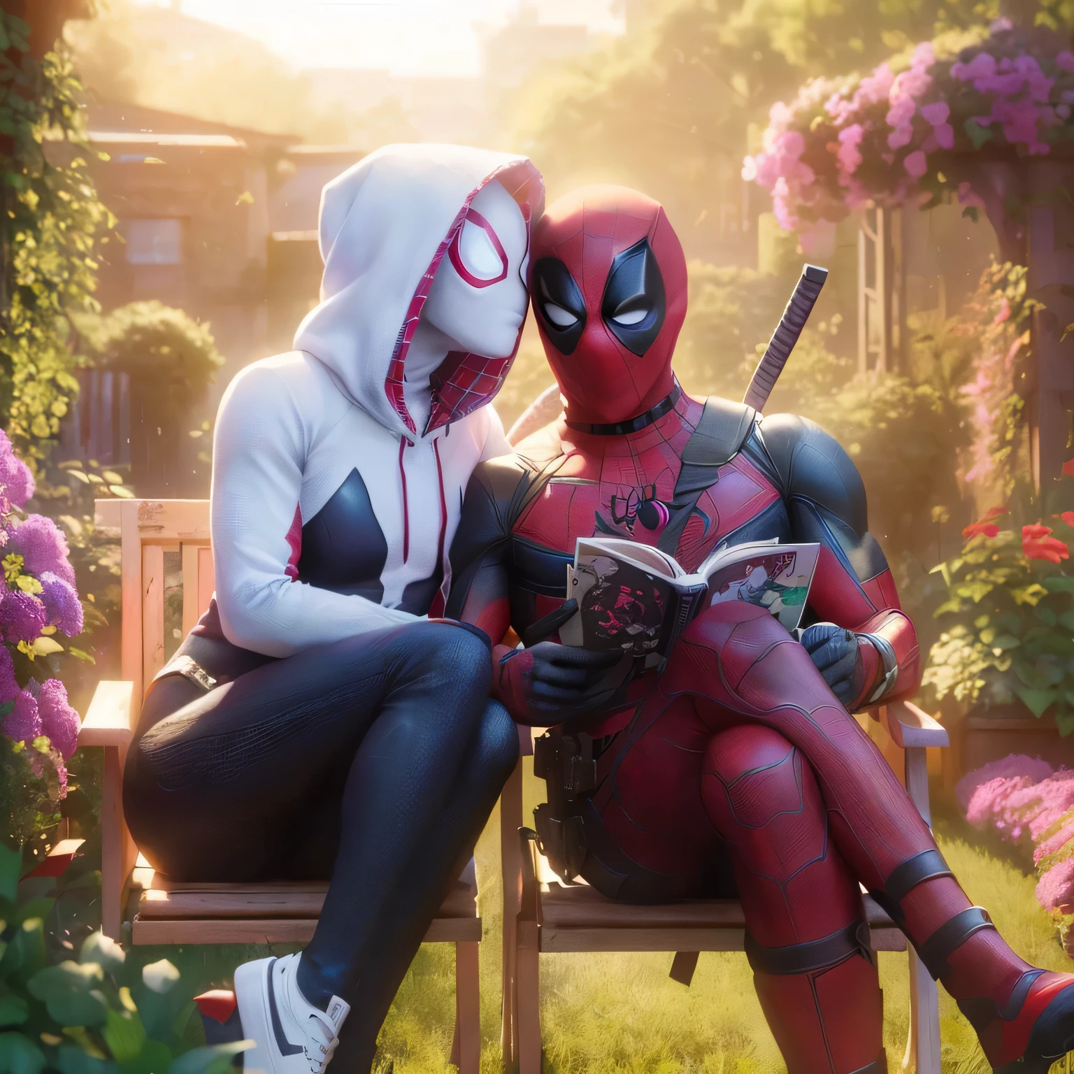 spider - man and deadpool are sitting on a bench in a garden, 8k)), ryan reynolds dead pool, 4k post, 4 k post, portrait shot, movie still 8 k, animated film, netflix, 4 k, 4k, deadpool, anato finnstark and alena aenami, mcu, afternoon hangout, # film, dreamworks and marvel