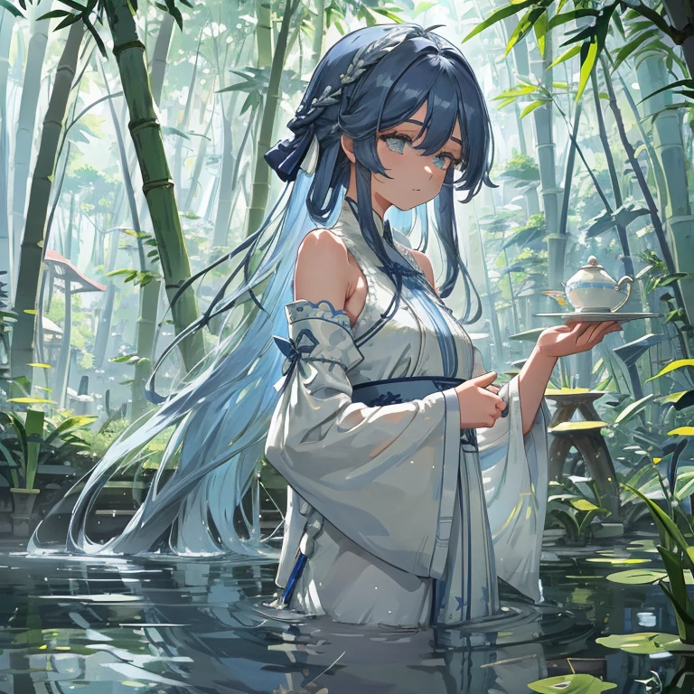 wallpaper, highly detailed, illustration, 1 girl, Azure hair, long hair, detailed eyes, forrest, bare shoulders, hanfu,lakes, pure, soft smile,bamboo,Tea