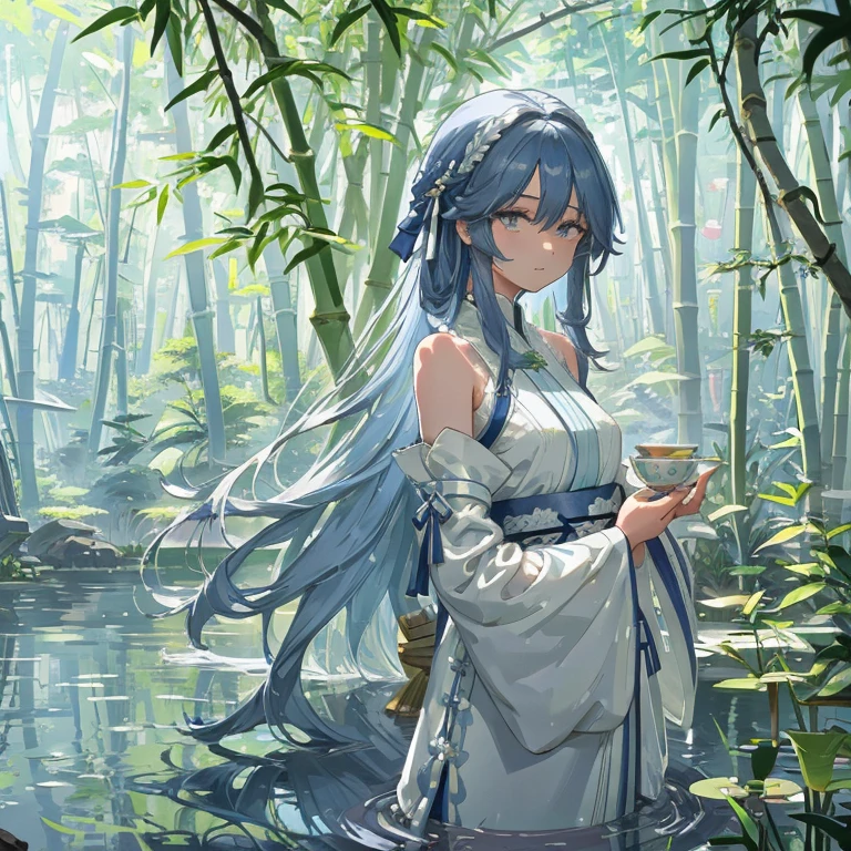 wallpaper, highly detailed, illustration, 1 girl, Azure hair, long hair, detailed eyes, forrest, bare shoulders, hanfu,lakes, pure, soft smile,bamboo,Tea