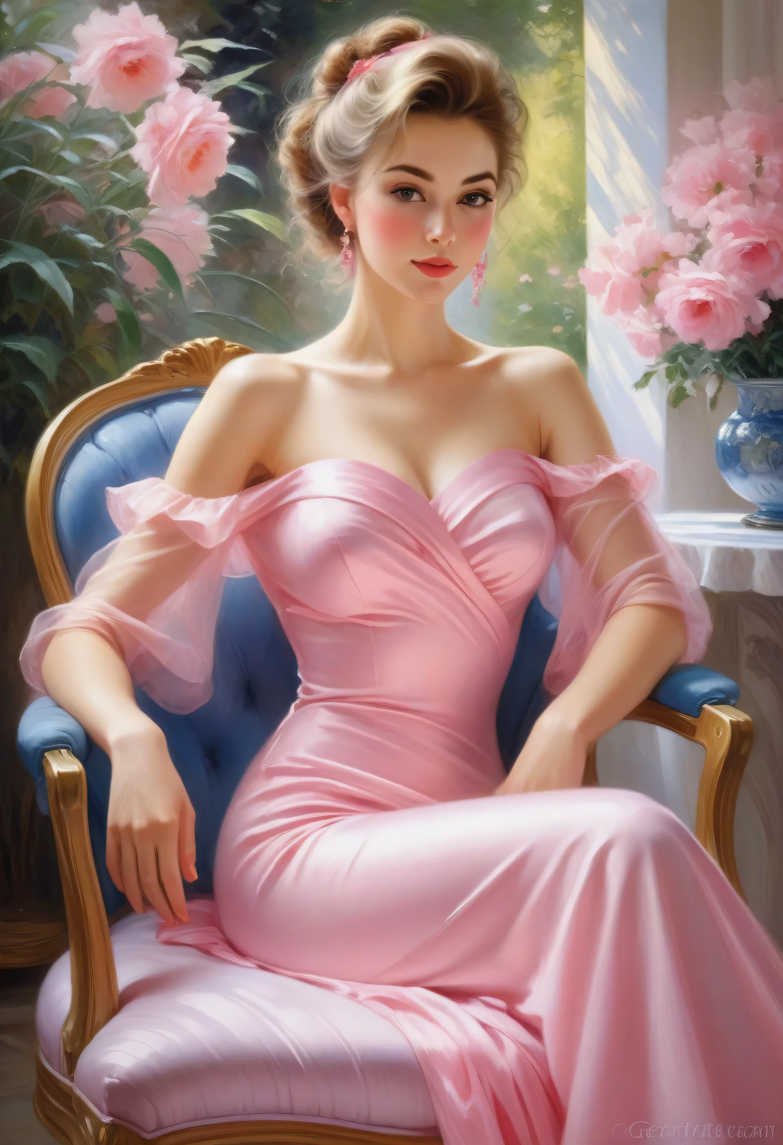 a painting of a woman, sitting in a chair in a pink dress., Danil Gerharts, Volegov, konstantin razumov, ( ( konstantin razumov ) ), summer morning light, Josephine Wall and Pino Daheny, Han Gan, Daniel Gerharts, Chen Chun, vladimir Volegov, Daniel F.. Gerharts