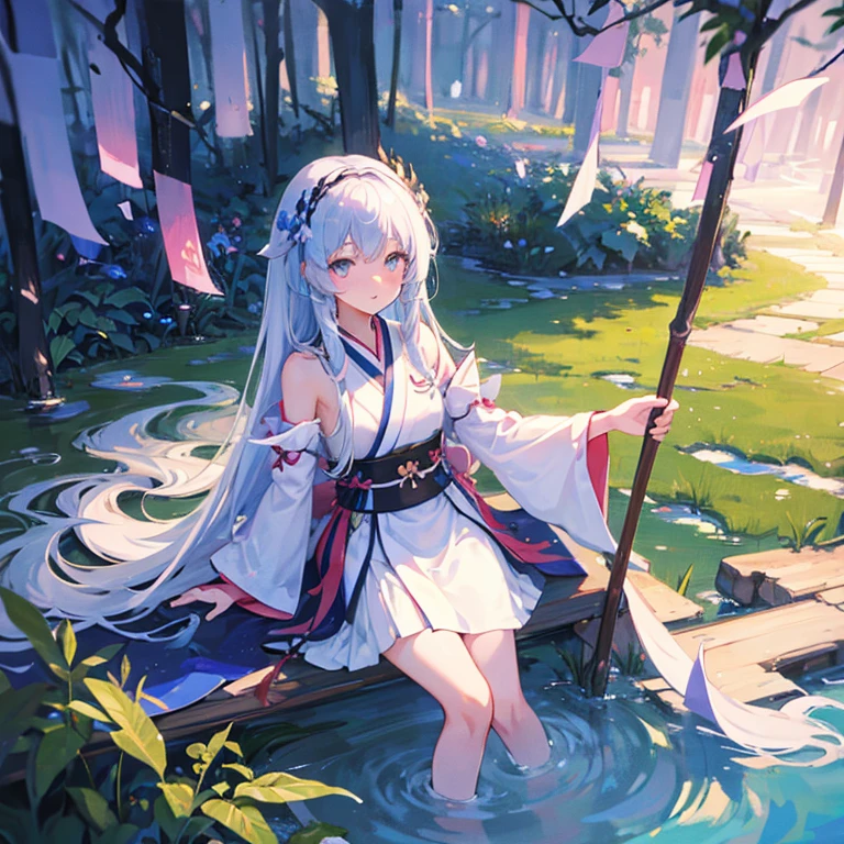 wallpaper, highly detailed, illustration, 1 girl, Azure hair, long hair, detailed eyes, forrest, bare shoulders, hanfu,lakes, pure, soft smile,bamboo,Tea
