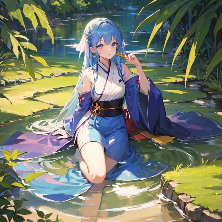 wallpaper, highly detailed, illustration, 1 girl, Azure hair, long hair, detailed eyes, forrest, bare shoulders, hanfu,lakes, pure, soft smile,bamboo,Tea