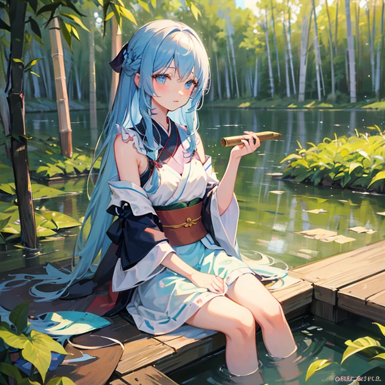 wallpaper, highly detailed, illustration, 1 girl, Azure hair, long hair, detailed eyes, forrest, bare shoulders, hanfu,lakes, pure, soft smile,bamboo,Tea