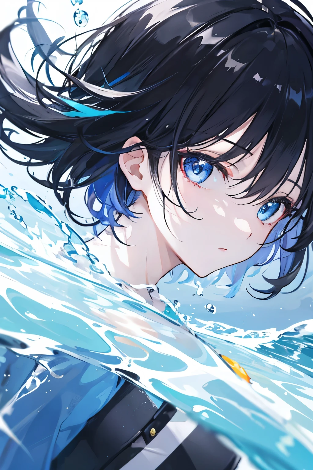 In the water One girl profile high precision eyes Sparkling Light blue eyes Medium Hair Black Hair White foam 8K high resolution
