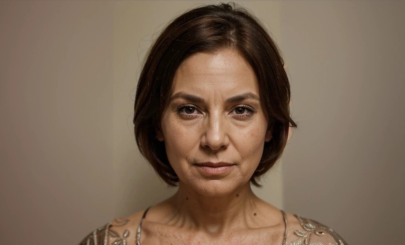 Super detailed front view, detailed skin, 60 year old elderly woman, short brown hair, front view