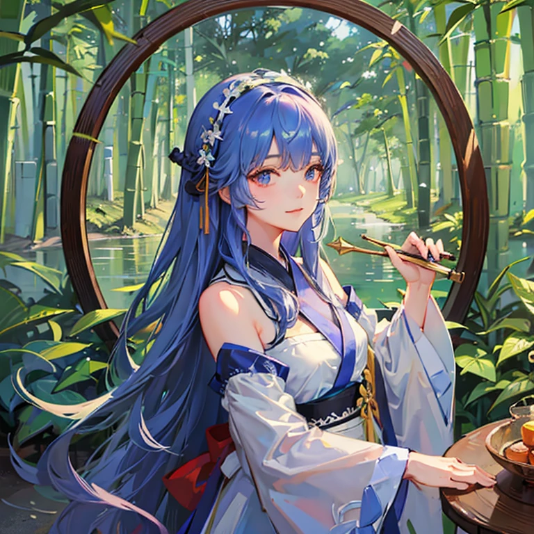 wallpaper, highly detailed, illustration, 1 girl, Azure hair, long hair, detailed eyes, forrest, bare shoulders, hanfu,lakes, pure, soft smile,bamboo,Tea