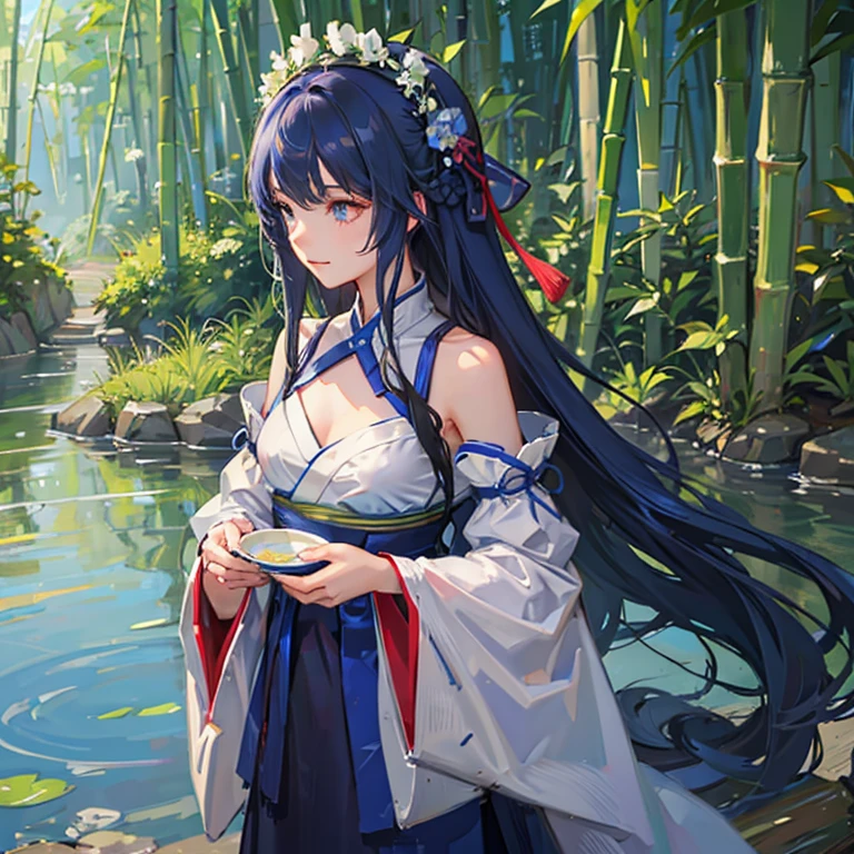 wallpaper, highly detailed, illustration, 1 girl, Azure hair, long hair, detailed eyes, forrest, bare shoulders, hanfu,lakes, pure, soft smile,bamboo,Tea