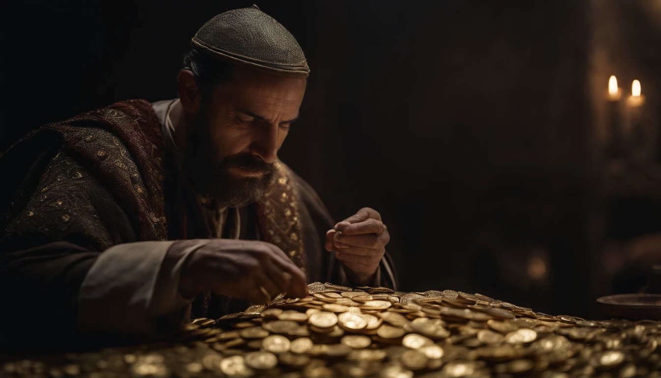 Martim Afonso de Sousa, 40 year old man in 15th century clothes, counting gold coins