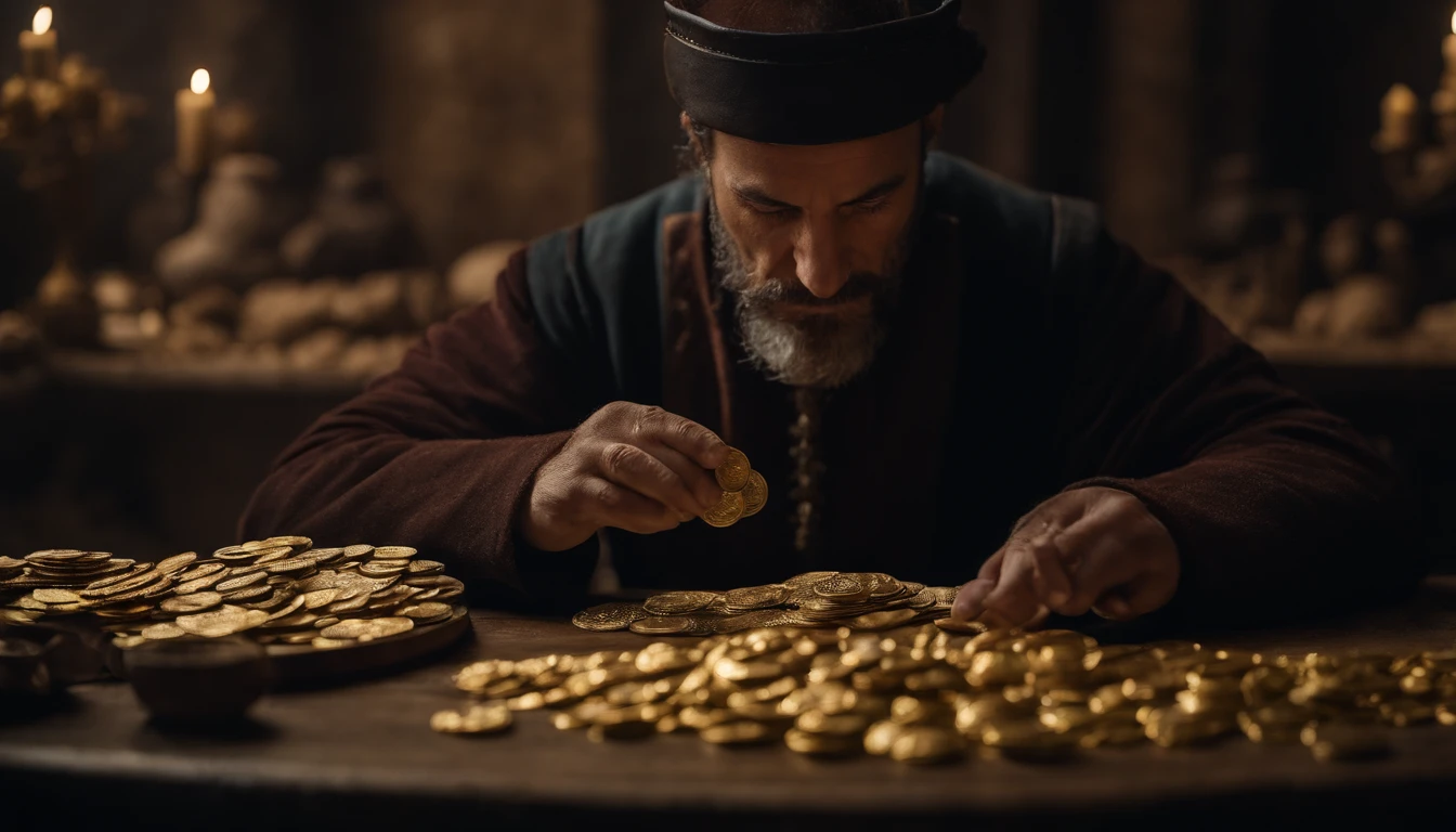 Martim Afonso de Sousa, 40 year old man in 15th century clothes, counting gold coins