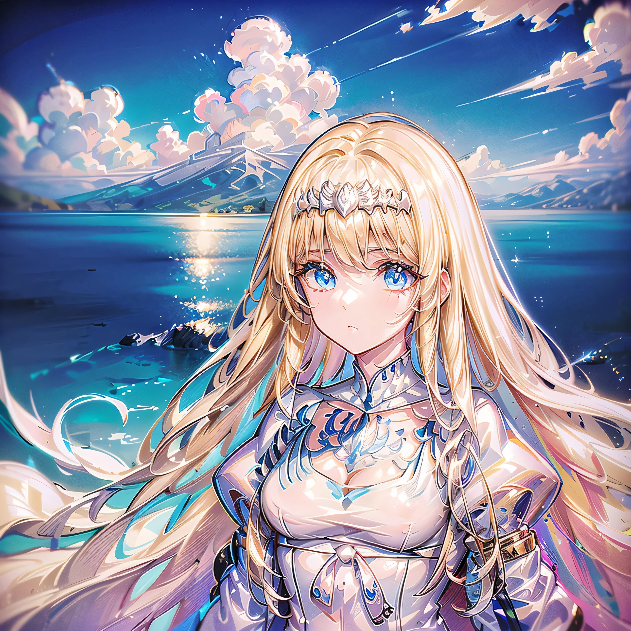 ,  1girl, solo, calca, blonde hair, , medium chest, extremely long hair, very long hair, extra long hair, white tiara, white dress, blue eyes, heaven background, daylight, bright sky, ancient Greek background