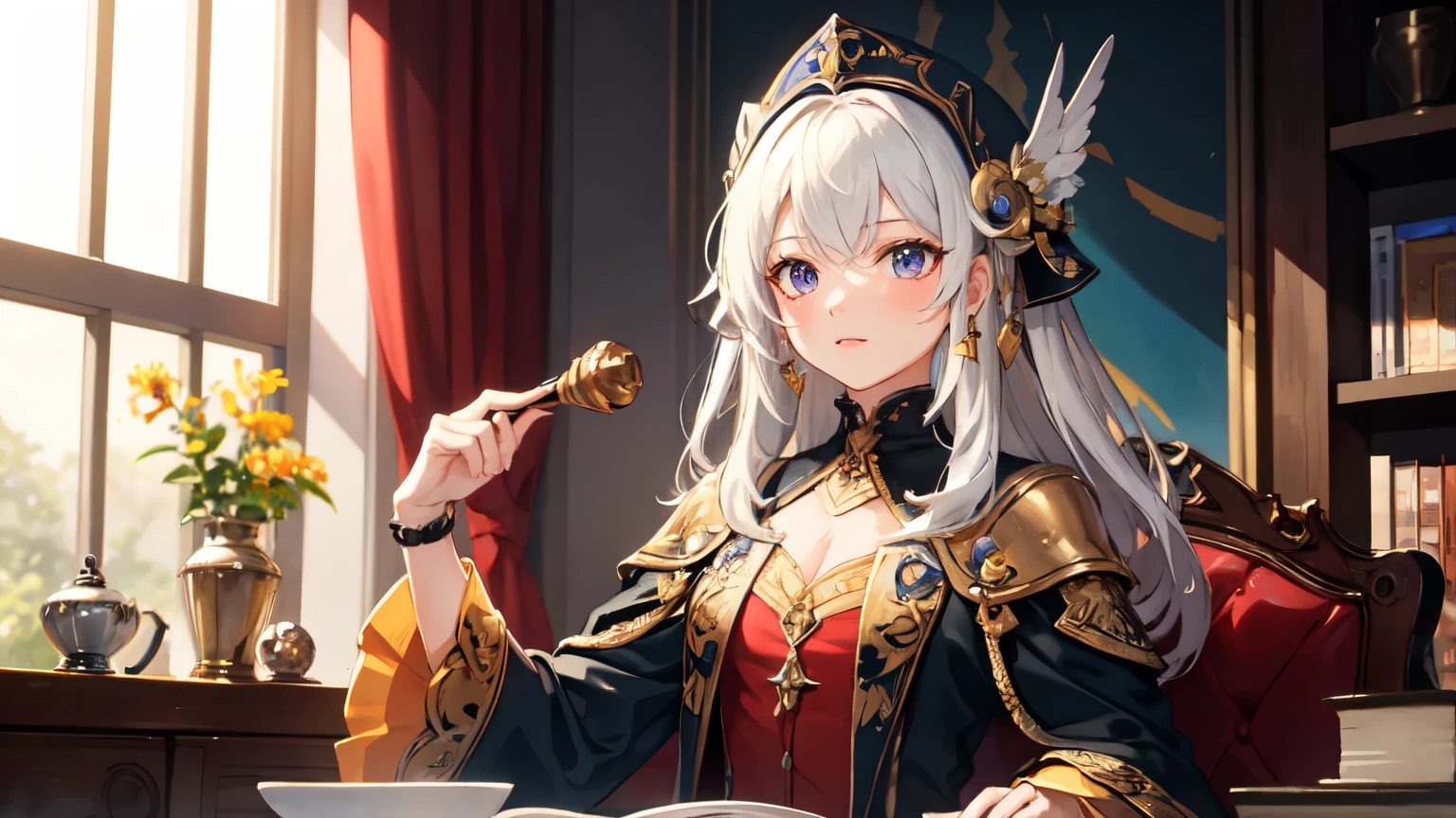 ((highest quality)), ((masterpiece)), (detailed), Cute , Wizard's Clothes, Wizard's star hat, universe, star, Red eyes, bell, Green medium-long hair, Magic book, Wearing headphones