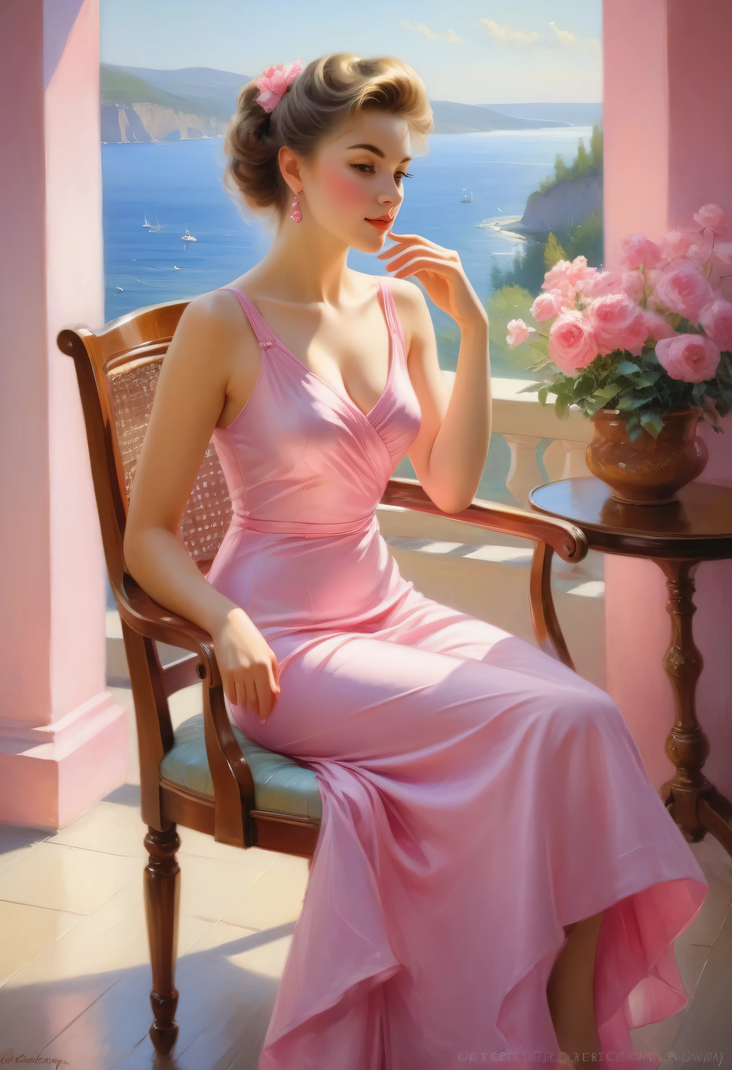 a painting of a woman, sitting in a chair in a pink dress., Danil Gerharts, Volegov, konstantin razumov, ( ( konstantin razumov ) ), summer morning light, Josephine Wall and Pino Daheny, Han Gan, Daniel Gerharts, Chen Chun, vladimir Volegov, Daniel F.. Gerharts