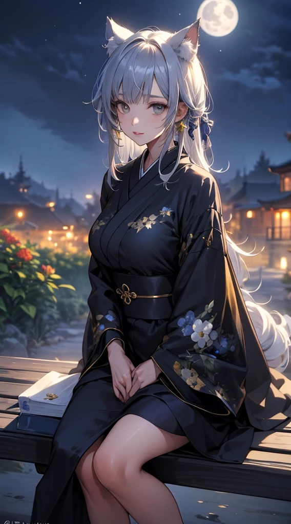 masterpiece, high quality, 4K, Beautiful design, silhouette，Gray Hair， 非常に詳細な夜のStarry Sky,Sitting on a bench in a flower field， wonderful, Finer details,  Very knowledgeable woman, Highly detailed solo, 1 female,Cat ear，Big Breasts，kimono，Night view，Starry Sky，full moon，