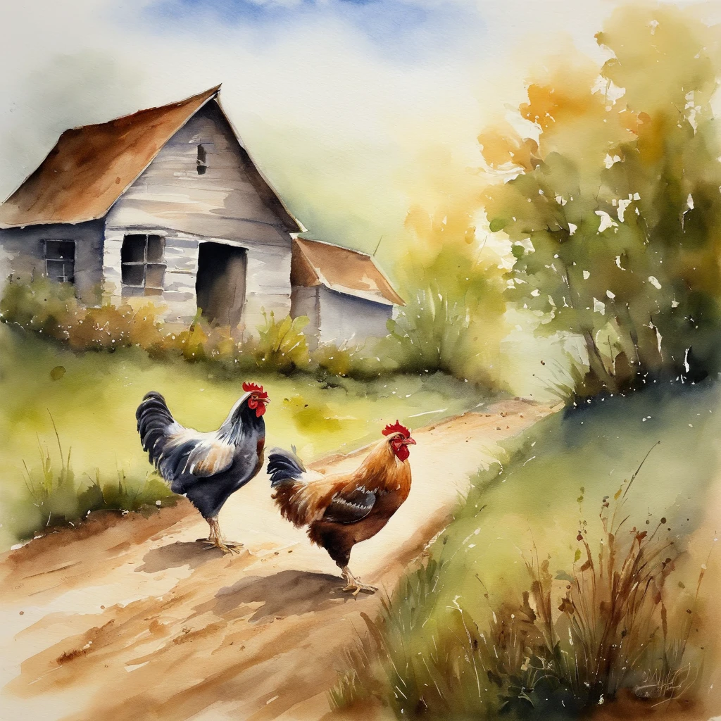 there are two chickens walking along a dirt road in the countryside, countryside, in the countryside, country road, country landscape, rural splendor, rural landscape