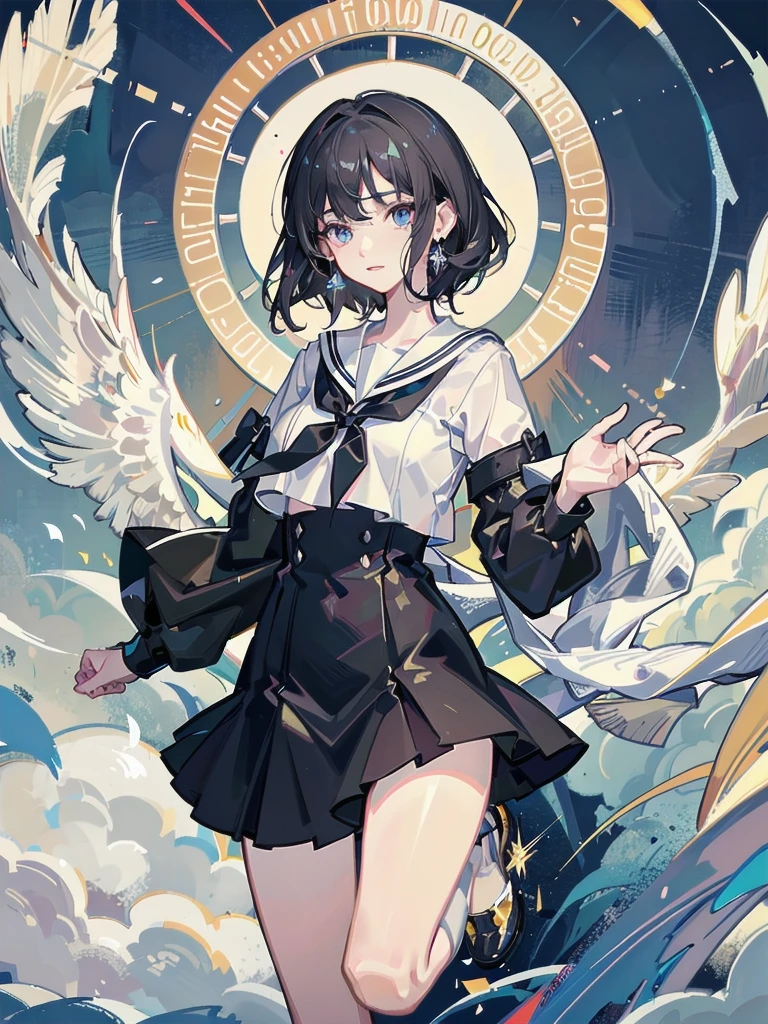 absurdres, RAW photo, extremely delicate and beautiful, masterpiece, Best Quality, ultra high resolution, 32k, hyperrealistic, ultra-detailed, detailed description, pale skin, 20 years old, delicate facial features, detailed beautiful face and eyes, tearful mole, earring, Colossal tits, short medium hair, wavy hair, full body shot, sailor uniform,