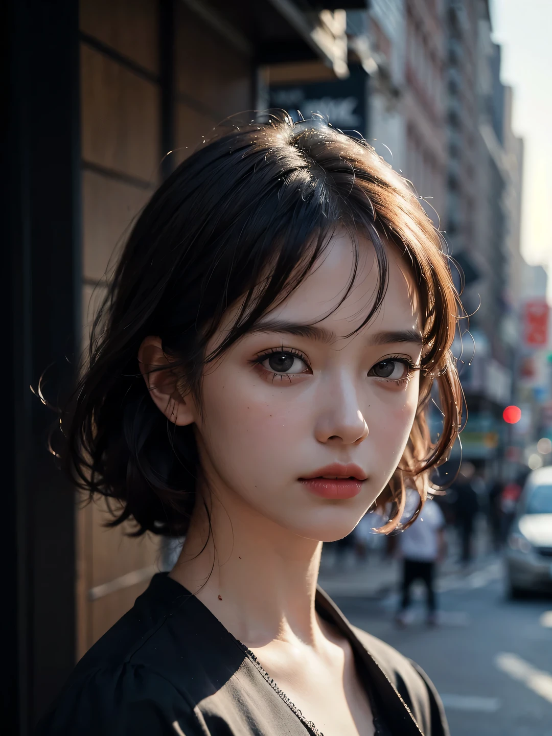 1girl, (looking at viewer:1.2), detail face, (a girl standing, rending on cgsociety, black shadows, streaming, new york backdrop), romanticism, atmospheric, (RAW photo, best quality), (realistic, photo-realistic:1.3), masterpiece, an extremely delicate and beautiful, extremely detailed,