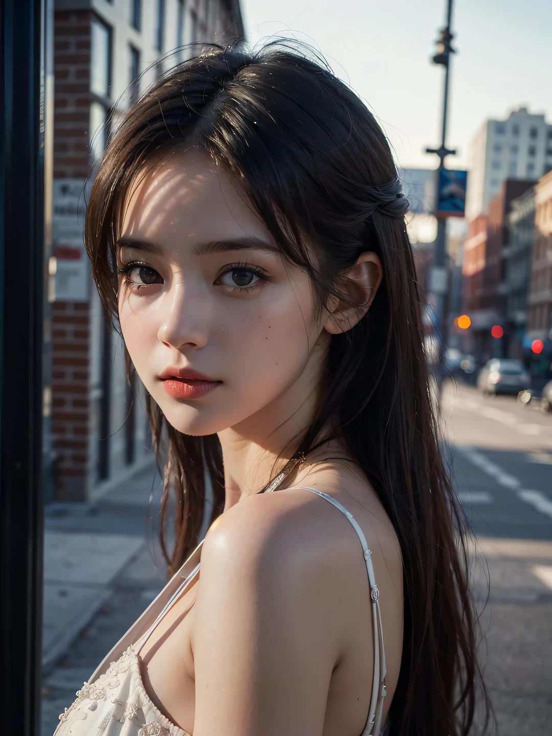 1girl, (looking at viewer:1.2), detail face, (a girl standing, rending on cgsociety, black shadows, streaming, new york backdrop), romanticism, atmospheric, (RAW photo, best quality), (realistic, photo-realistic:1.3), masterpiece, an extremely delicate and beautiful, extremely detailed,