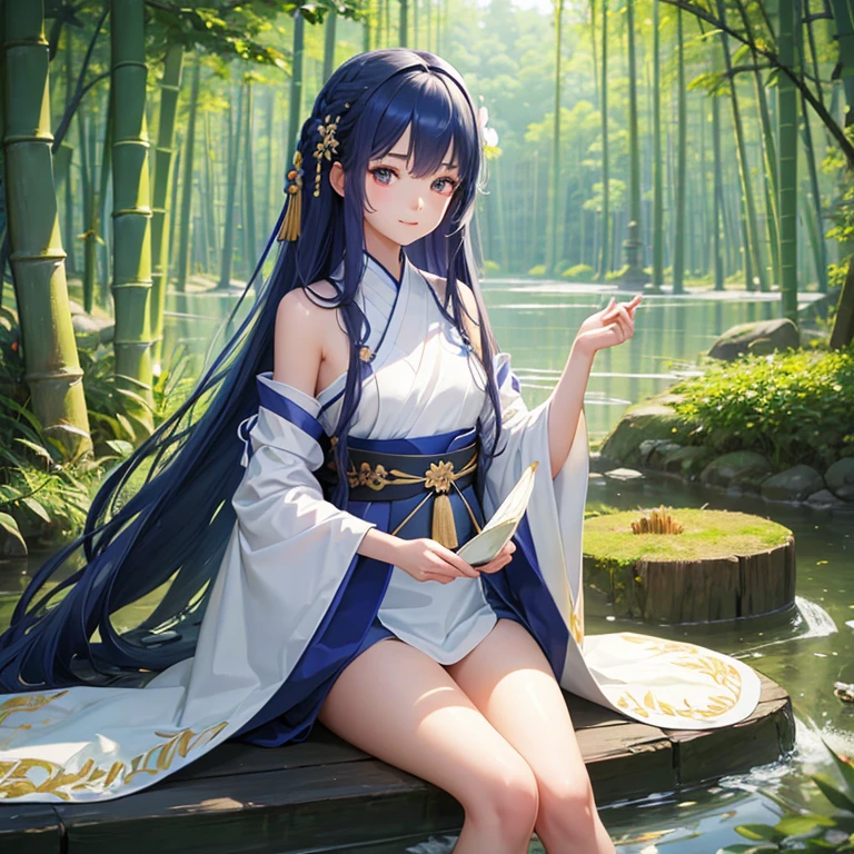 wallpaper, highly detailed, illustration, 1 girl, Azure hair, long hair, detailed eyes, forrest, bare shoulders, hanfu,lakes, pure, soft smile,bamboo,Tea