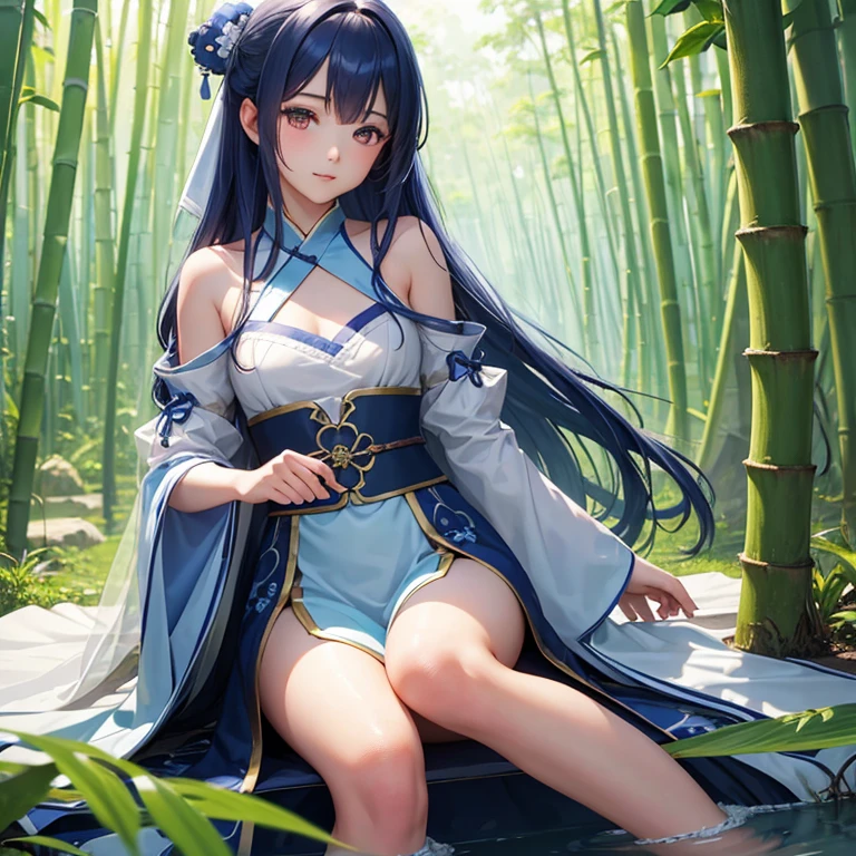 wallpaper, highly detailed, illustration, 1 girl, Azure hair, long hair, detailed eyes, forrest, bare shoulders, hanfu,lakes, pure, soft smile,bamboo,Tea