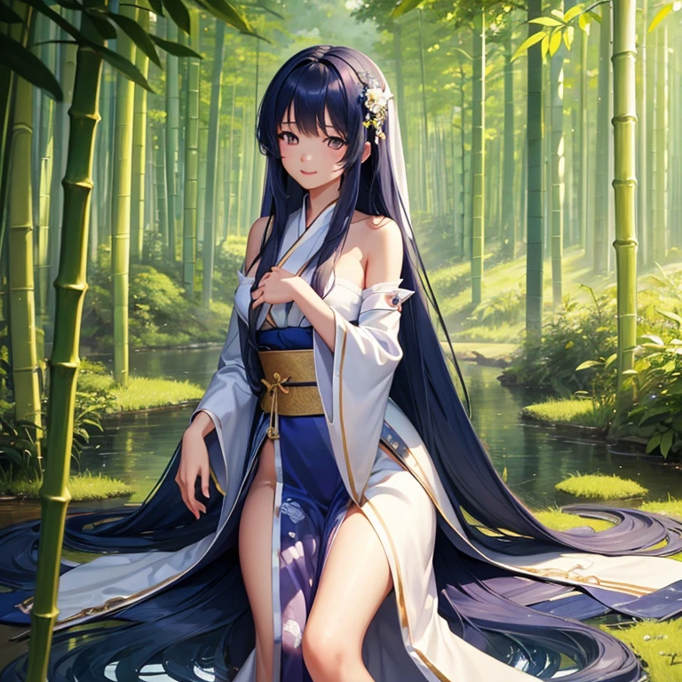wallpaper, highly detailed, illustration, 1 girl, Azure hair, long hair, detailed eyes, forrest, bare shoulders, hanfu,lakes, pure, soft smile,bamboo,Tea
