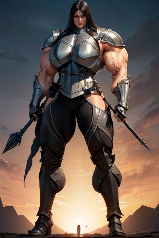 ((((Massive, tall, beautiful, buff, muscular light brown skinned female knight with black hair, black lipstick, ginormous bulky muscles, holding a javelin and wearing an all black gleaming knight armor with hauberk and pants)))), (close view), black eyeliner, massive muscles, massive biceps, hyper muscle triceps, (straight long hair), orange eyes, knight boots, In a castle, hauberk, steel knight armor, armor breastplate, nighttime, confident smile, (hyper muscles arms), hyper muscle legs, (ginormous arms))