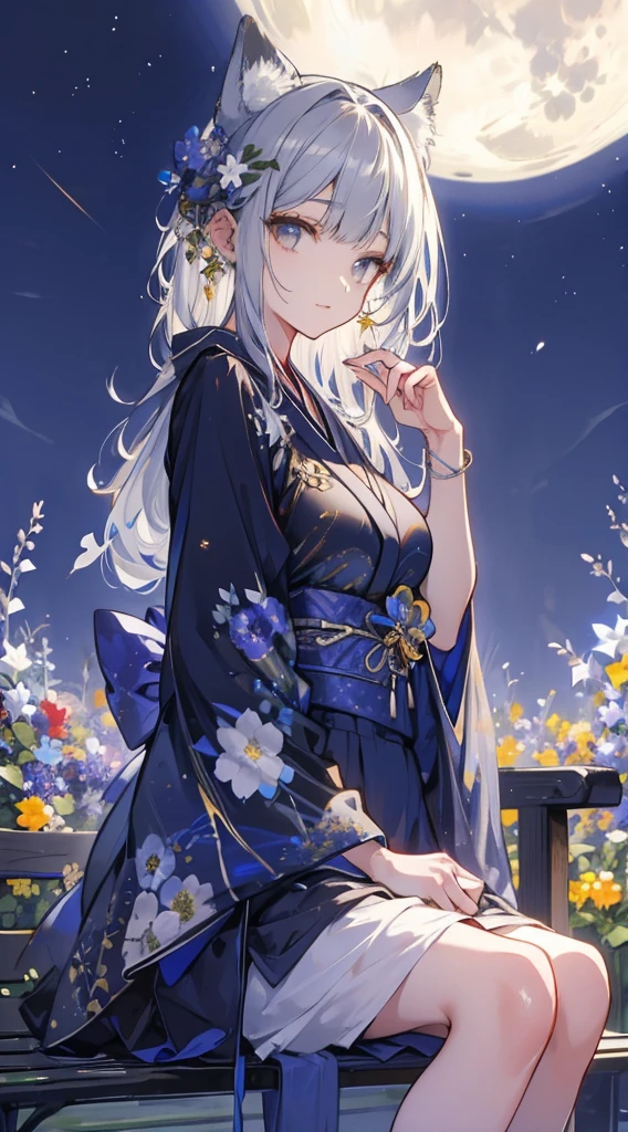 masterpiece, high quality, 4K, Beautiful design, silhouette，Gray Hair， 非常に詳細な夜のStarry Sky,Sitting on a bench in a flower field， wonderful, Finer details,  Very knowledgeable woman, Highly detailed solo, 1 female,Cat ear，Big Breasts，kimono，Night view，Starry Sky，full moon，