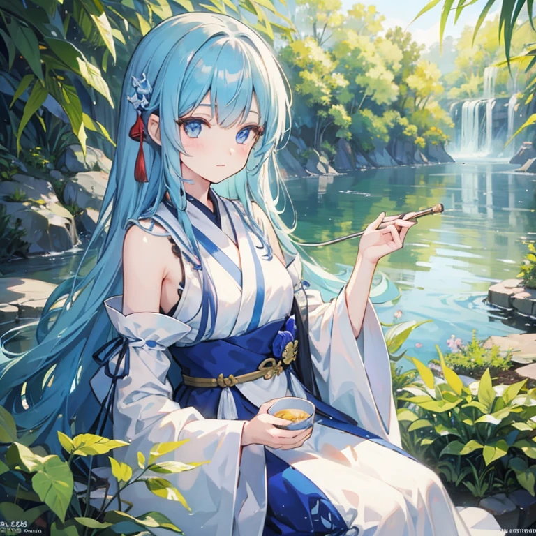 wallpaper, highly detailed, illustration, 1 girl, Azure hair, long hair, detailed eyes, forrest, bare shoulders, hanfu,lakes, pure, soft smile,bamboo,Tea