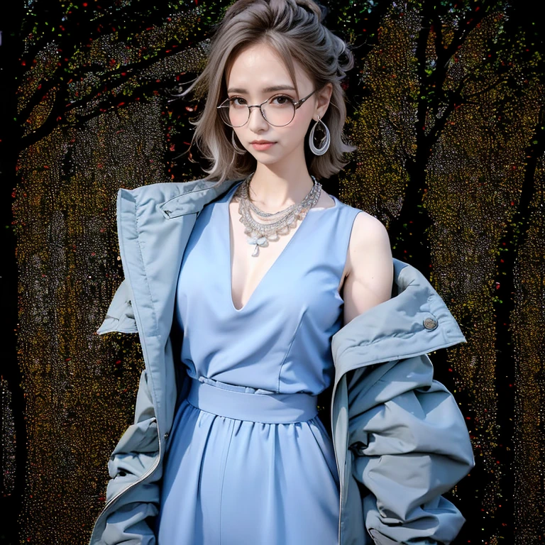 (masterpiece, highest quality, highest quality), (((Perfect body))),Ragged hair,Middle Hair,Chignon Hair,Light blue hair color,Pale black jumpsuit,beautifully,Mysterious:1.2, (One Girl:1.3), Very detailed, Mature Woman,A kind smile,Boston-type glasses, (Mouth closed), (highest qualityのmasterpiece:1.2) Delicate illustrations, Most detailed,Full body portrait, (Street background:1.3), (Shiny skin), (Many colors:1.4), ,(Earrings),((necklace)), Elegant Pumps,Full body portrait,(Paris city background:1.3), (Shiny skin),(Earrings),