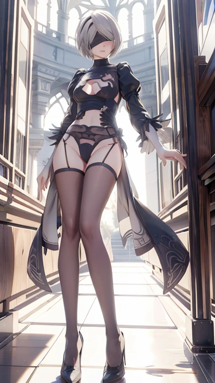 ((highest quality)), ((masterpiece)),(detailed),Perfect Face,One girl, Five Fingers, Game Characters,2B,Yoruhano. 2 Type B,Nier Automata, High resolution,Second dimension beautiful girl,Super Beauty,Glowing Skin,Shiny silver hair,Short Bob Hair, Big Ass,Big Breasts,glamorous_expensive_Tight waist_Long legs,curve, Camel Toe,Blindfold,Black eye mask,hair band,Character-centric,symmetry diagram,whole body:1.5,From below:1.4,Abdominal shot,Cathedral,Stained glass,