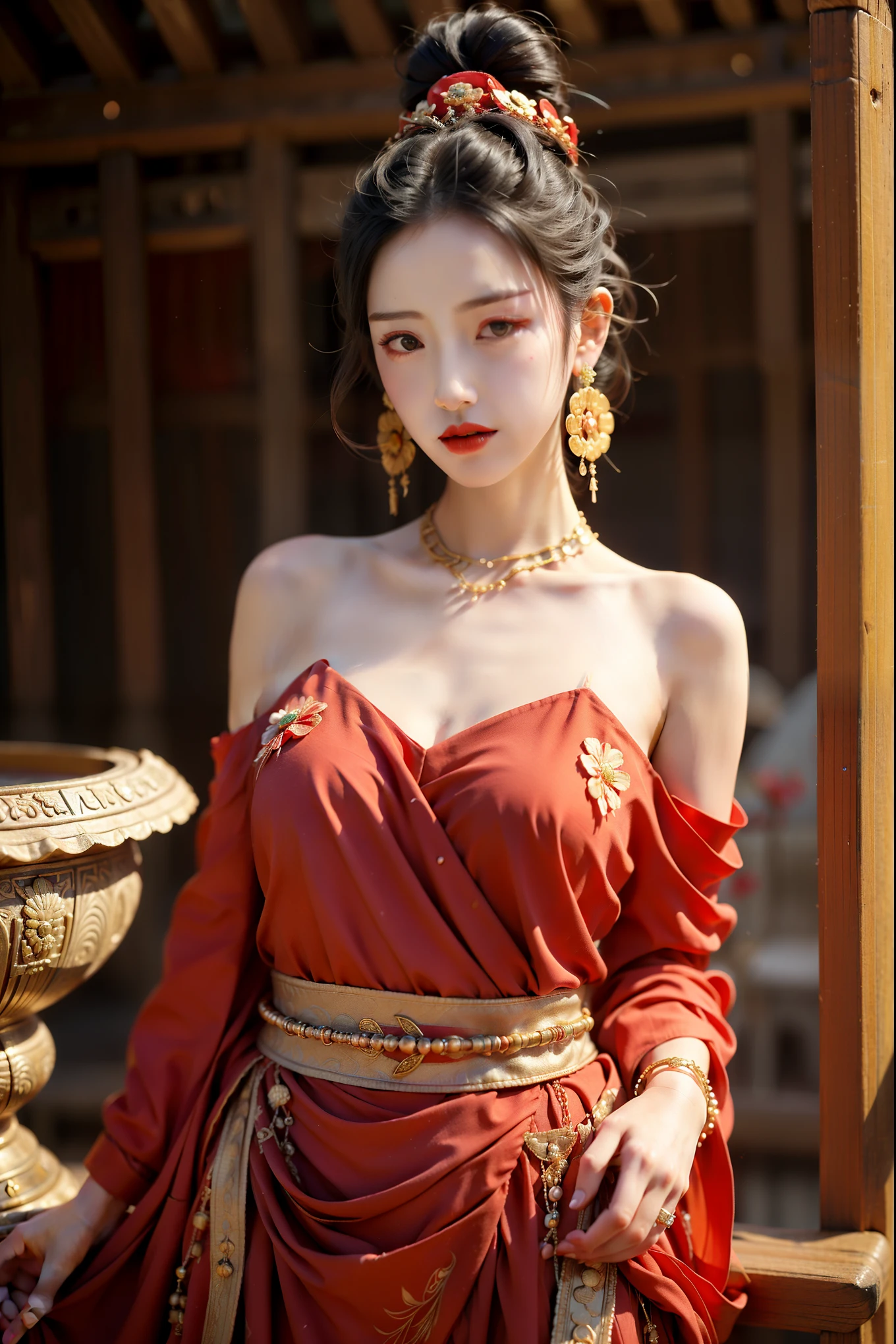 xuer Dunhuang,1girl,jewelry,earrings,solo,hair ornament,chinese clothes,flower,black hair,red lips,hair flower,bare shoulders,makeup,dress,detached sleeves,long sleeves,wide sleeves,petals,blurry,sash,breasts,shawl,lipstick,closed mouth,ribbon,hair bun,