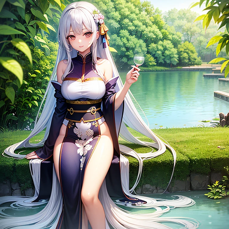 wallpaper, highly detailed, illustration, 1 girl, Azure hair, long hair, detailed eyes, forrest, bare shoulders, hanfu,lakes, pure, soft smile,bamboo,Tea