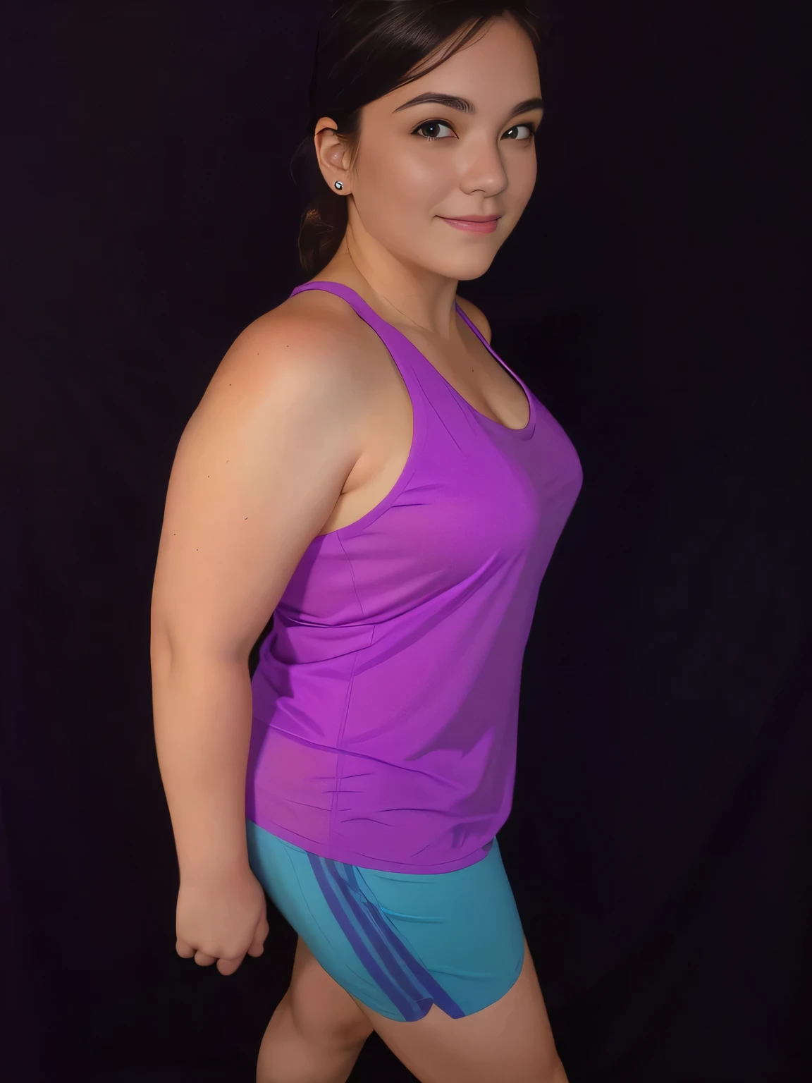 Shapely woman in a purple top and blue shorts posing for a photo, arms to the side, half-length photo, tight photo, half-length photo, half-length photo, violet tight top, half-length close-up, portrait photo full body, full body and head photo, half body portrait, full body photography, centered full body photo, 40 year old woman, 4k, portrait photo, light violet tank top, profile photo, sweaty face, portrait solo 3/4, suitable photo, black background. She is wearing a vibrant pink-purple sports tank top and mixed shorts (((blue-gray-green-black))), suggesting an active lifestyle or athletic attire for working out. Sharp photo, high quality, high resolution (ultra quality masterpiece), Ultra HD, high contrast, 16K. Masterpiece: 1.3, high resolution, (photographically realistic), NUDE, NUDITY, NFSW.