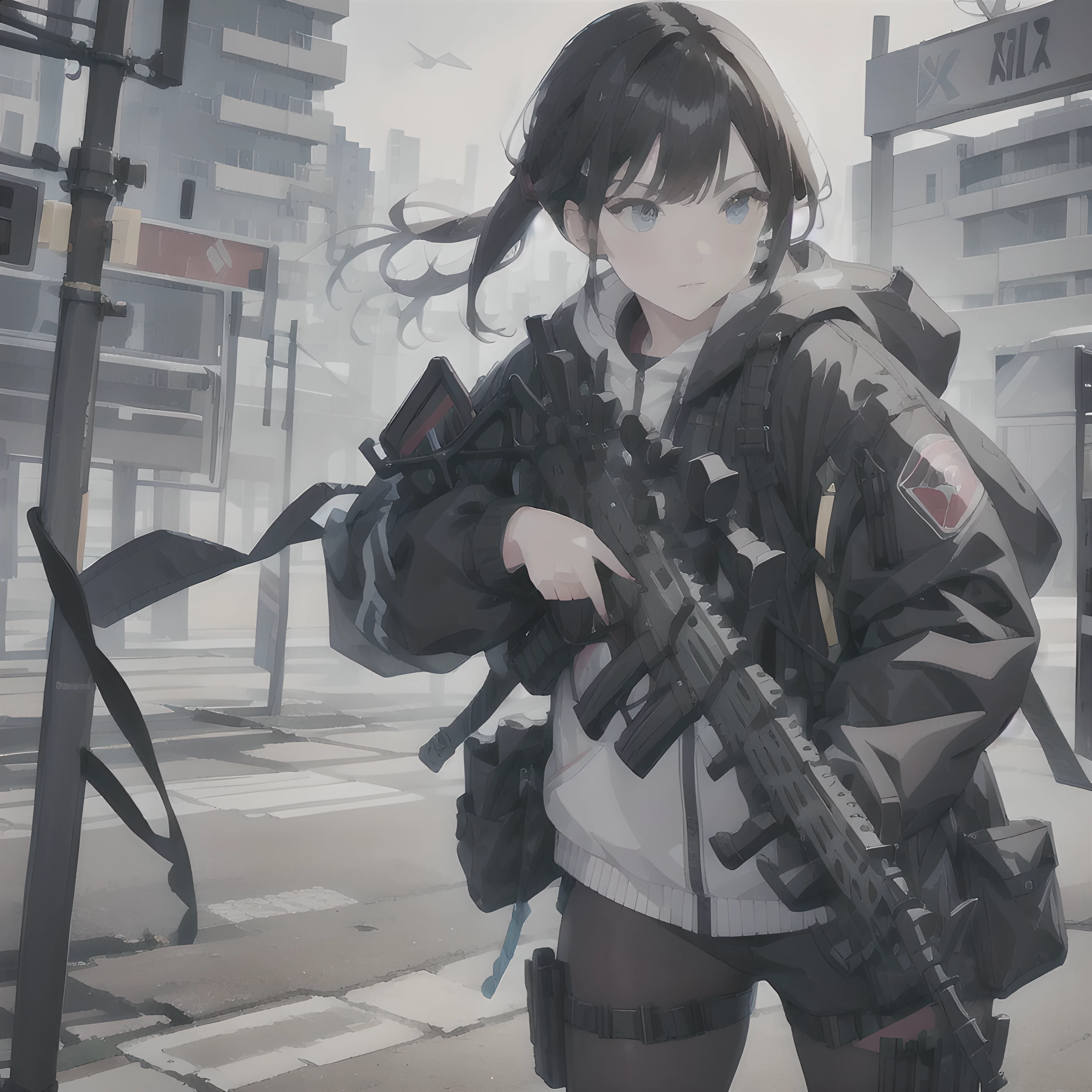 Girl shooting pose, One Girl, Shooting with an assault rifle, Sophisticated Assault Rifle, High-performance assault rifle, Dynamic Perspective, 