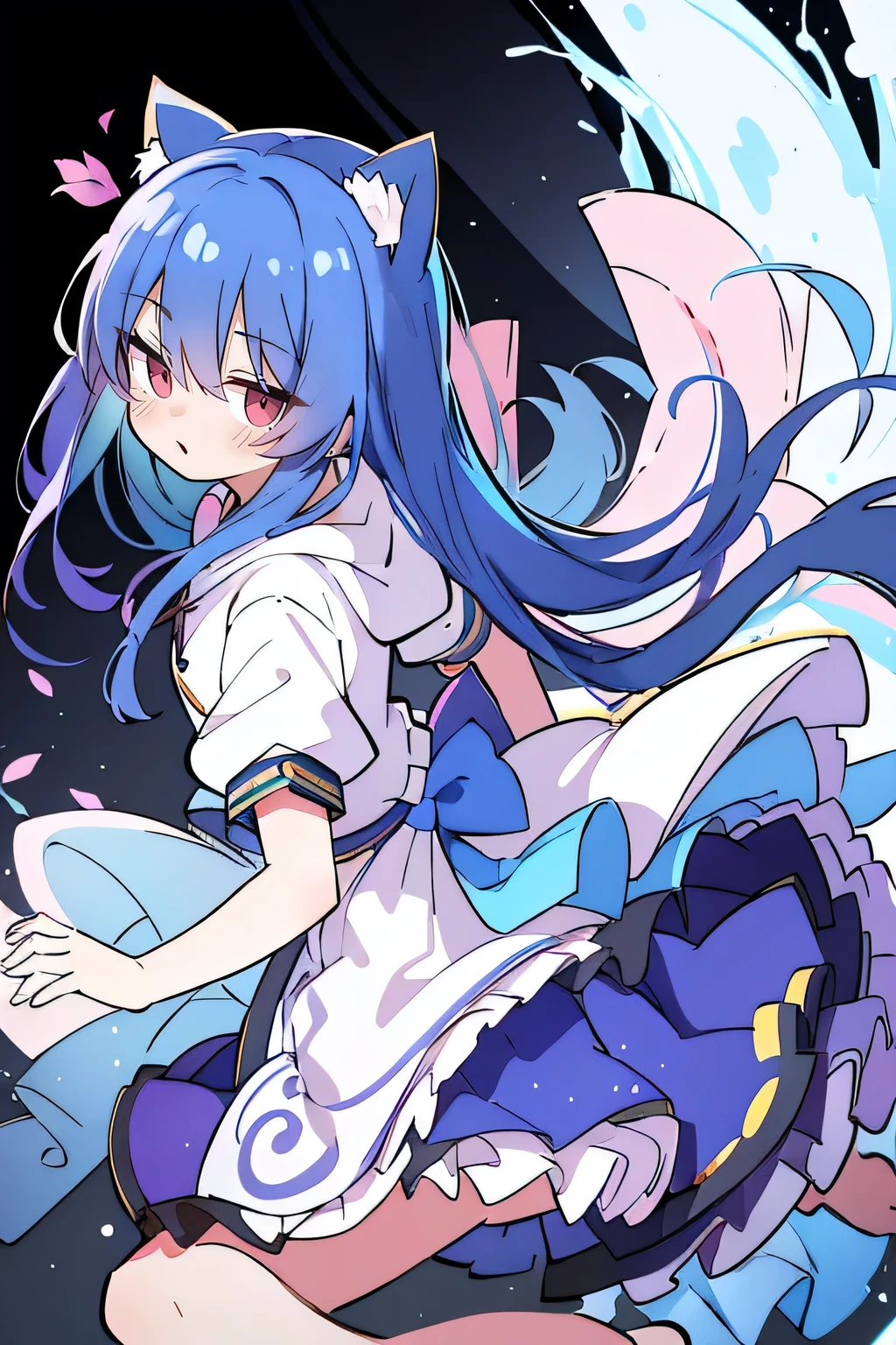 (masterpiece:1.2),Super detailed,lifelike,Expressive eyes,fair skin,perfect face shape,1 girl,
Japanese comics,Gorgeous blue hair,flowing blue hair,flowing clothes,Cat ears,Petals fall,beautiful lola,Baby Angel,
Shaking head with one hand,Cross your legs,Gentle and peaceful background,The pavilion is cool and comfortable,smile, wearing hoodie, background of tokyo,back views,snowing, winter.