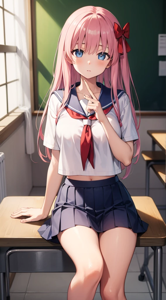 nodokaharamura, nodoka haramura, blue eyes, hair bow, long hair, pink hair, bow,
BREAK blue skirt, kiyosumi , pleated skirt, , serafuku, skirt,
BREAK looking at viewer,
BREAK indoors, classroom,
BREAK (masterpiece:1.2), best quality, high resolution, unity 8k wallpaper, (illustration:0.8), (beautiful detailed eyes:1.6), extremely detailed face, perfect lighting, extremely detailed CG, (perfect hands, perfect anatomy),