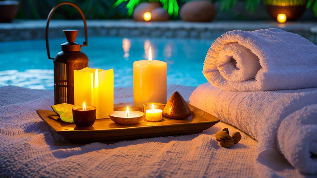 Luxury Spa, with many bottles of champagne, with many candles, small buddha figure, incense, In the background 2 women in black lingerie and a man in a white robe blurred, open socket, wide shot