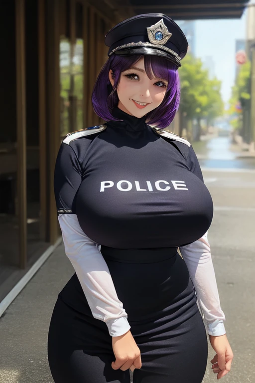 (High quality, High resolution, Fine details), Alley, Police Clothing, Police Hats, solo, curvy adult women, purple hair, sparkling eyes, (Detailed eyes:1.2), smile, blush, Sweat, Oily skin, Soft tones, shallow depth of field