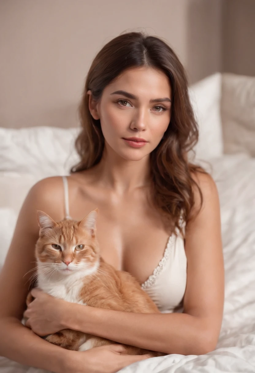 a tan woman dressed in a deep V-neck cami top, sleeping on bed holding a cat on her stomach, 80s style, half-body shot, high-quality photo